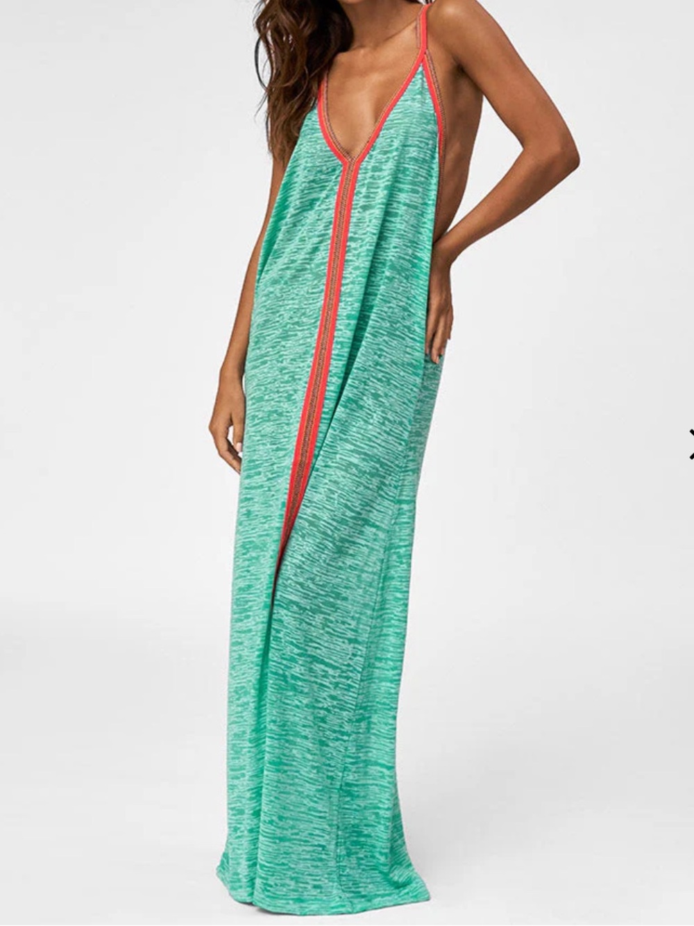 PITUSA Inca Sundress Green Cotton Burnout Red Trim Maxi Tank Dress Coverup O/S